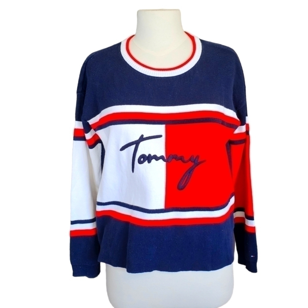 Tommy Hilfiger Denim Colorblock Sweater Cursive, Red, White Blue Size Small
